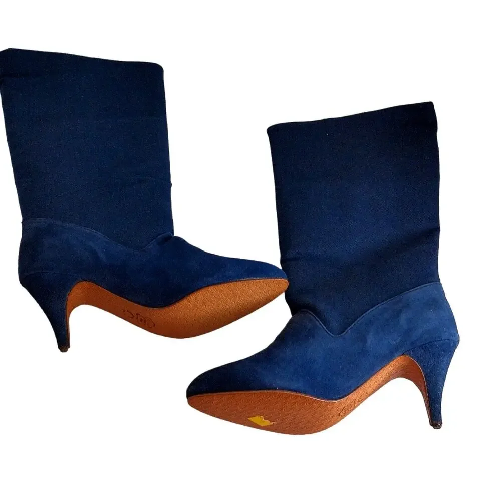 Vintage 70s Candie's Denim Western Boots Blue Knee High Size 6.5 New